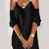 Kkboxly  Chain 3/4 Sleeve Dress, Casual Cold Shoulder V Neck Solid Dress, Women's Clothing
