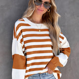 kkboxly  Striped Drop Shoulder Pullover, Crew Neck Long Sleeve Sweatshirt For Fall & Winter, Women's Clothing