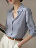 Elegant Striped Button Front Shirt, Long Sleeve Shirt For Office & Work, Women's Clothing