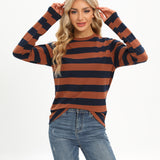 kkboxly  Casual Striped Long Sleeve T-Shirts, Striped T Shirts Crew Neck Tops, Women's Clothing