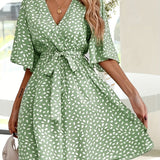 kkboxly  Allover Print Belted V Neck Dress, Casual Short Sleeve Dress For Spring & Summer, Women's Clothing