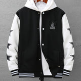 Letter V & Star Pattern Print Varsity Jacket, Men's Casual Baseball Jacket Coat Snap Button Regular Fit College Hipster Windbreaker For Spring Autumn