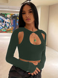 kkboxly  Sexy Cut Out Crop T-Shirt, Long Sleeve Loose Casual Top, Women's Clothing