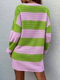 kkboxly  Striped Color Block Crew Neck Dress, Elegant Long Sleeve Drop Shoulder Loose Dress, Women's Clothing