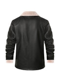 kkboxly Men's Stylish Solid Faux Leather Jacket With Pockets, Active Slightly Stretch Breathable Lapel Zip Up Long Sleeve Fleece Jacket  For Hiking Jogging Cycling Outdoor Fitness Workout