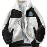 kkboxly  Warm Plush Fleece Jacket, Men's Casual Color Block Stand Collar Jacket Coat For Fall Winter