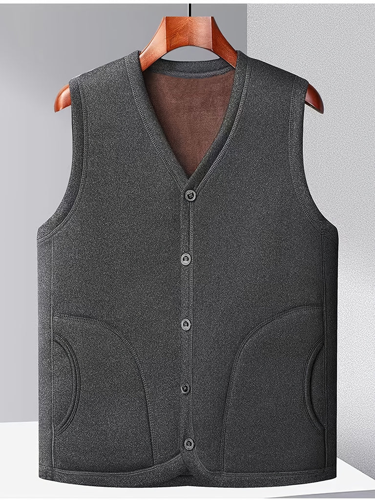 kkboxly  Vintage Warm Winter Vest, Men's Casual Button Up V Neck Vest For Fall Winter