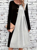 Color Block Simple Dress, Casual Crew Neck Long Sleeve Dress, Women's Clothing