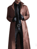kkboxly  Men's Chic Pu Overcoat, Casual Lapel Stretch Button Up Faux Leather Long Coat For Spring Fall
