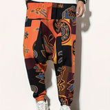 kkboxly  Cotton & Linen Blend Men's Drawstring Harem Pants Beach Pant Bohemian Pattern Casual Baggy Pants Streetwear Hiphop Rapper Style