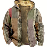Printed Warm Fleece Coat, Men's Casual Hooded Warm Thick Jacket For Fall Winter