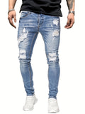 kkboxly  Slim Fit Ripped Jeans, Men's Casual Street Style Distressed Mid Stretch Denim Pants For Spring Summer
