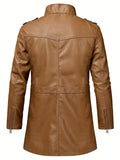 realaiot  Men's Cool PU Leather Jacket, Casual Street Style Stand Collar Overcoat With Zipper Pockets