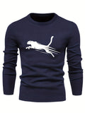 kkboxly  All Match Knitted Sweater, Leopard Pattern Men's Casual Warm Mid Stretch Crew Neck Pullover Sweater For Men Fall Winter