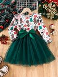 Little Girls' Cartoon Christmas Party Dress - Long Sleeve A-line Tutu Dress with Ribbon Belt, Holiday Gift Pattern for Celebrations
