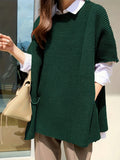 kkboxly  Plus Size Casual Knit Top, Women's Plus Solid Short Sleeve Round Neck Split Hem Loose Knit Top