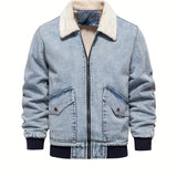 kkboxly  Warm Fleece Denim Jacket, Men's Casual Flap Pocket Jacket Coat With Fur Collar For Fall Winter