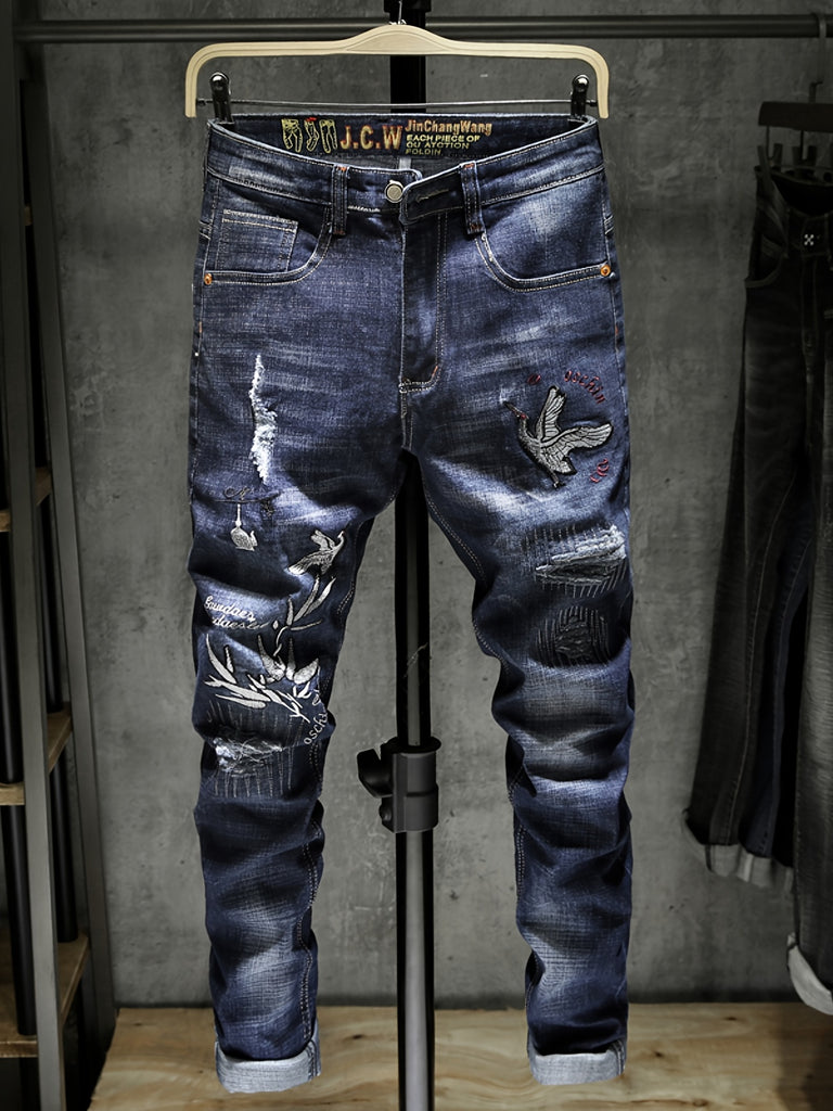kkboxly  Men's Stylish Slim Fit Royal Blue Jeans With Embroidered Print