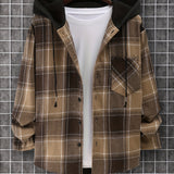 Fashionable And Versatile Men's College Style Casual Plaid Hoodies Button Drawstring Shirt Jacket, Suitable For Outdoor
