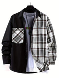 Men's Casual Cotton Stitch Plaid Button Up Shirt With Chest Pocket, Male Clothes For Spring And Fall