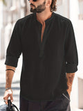 kkboxly  Classic Design Cotton Boat Neck Henley Shirt, Men's Casual Loose Fit Vintage Style Long Sleeve Henley Shirt For Spring Summer