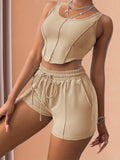 kkboxly  Solid Casual Two-piece Set, Crew Neck Corset Tank Top & Drawstring Elastic Waist Shorts Outfits, Women's Clothing