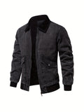 kkboxly  Warm Fleece Denim Jacket, Men's Casual Flap Pocket Jacket Coat With Fur Collar For Fall Winter