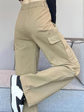 kkboxly  Solid Straight Leg Cargo Pants, Y2K Flap Pocket High Waist Loose Pants, Women's Clothing