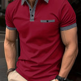 kkboxly  Houndstooth Casual Slightly Stretch Button Up Short Sleeve Polo Shirt, Men's Polo For Summer