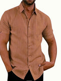 kkboxly  Men's Shirt Top, Linen & Cotton Blend, Turn-Down Collar Button Up Short Sleeves Lapel Closure Regular Fit Male Casual Shirt For Daily