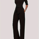 kkboxly  Solid Tie Waist Jumpsuit, Elegant Lapel Half Sleeve Jumpsuit, Women's Clothing