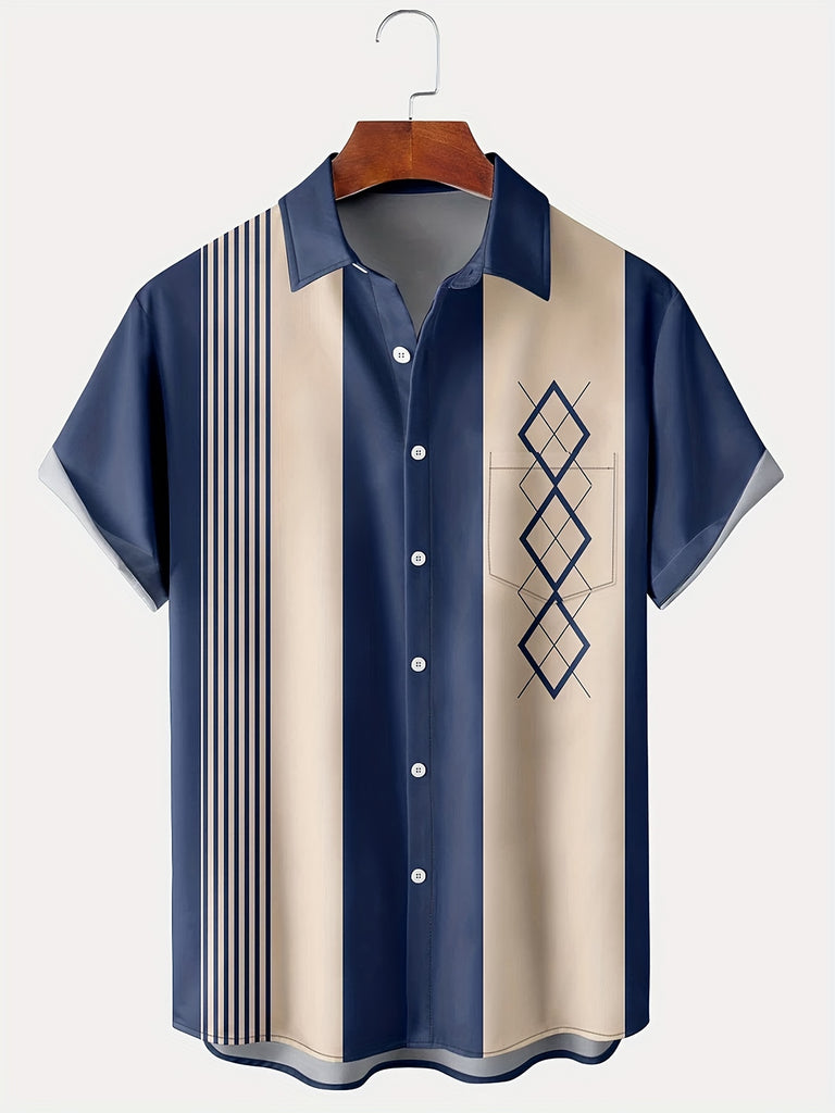 kkboxly  Men's Vintage Hawaiian Shirt with Geometric Graphic Print and Comfy Button Up Design - Perfect for Casual Wear and Plus Size Men's Clothing