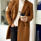 kkboxly  Men's Elegant Trench Double Breasted Coat, Casual Wool-like Fabric Warm Overcoat For Fall Winter