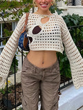 kkboxly  Y2K Crochet Crop Top, Long Sleeve Solid Casual Top, Women's Clothing