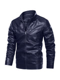 kkboxly  Trendy Casual Fuax Leather Zip Up Bomber Jacket With Zipper Pockets, Men's PU Jacket For Spring Fall Outdoor