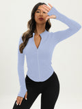 kkboxly  Black Full-zipper Yoga Jacket, Long Sleeve Hollow Out Slim Fitted Sports Top, Women's Activewear