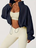 kkboxly  Zip Up Drop Shoulder Jacket, Casual Solid Long Sleeve Drawstring Crop Jacket For Fall, Women's Clothing