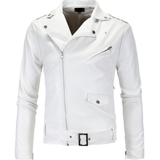 kkboxly  Stylish Slant Placket Biker Jacket, Men's Casual Solid Color Belt Zip Up Turndown Collar Faux Leather Jacket For Spring Fall