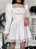kkboxly  Lace Up Square Neck Flared Dress, Gothic Lolita Ruffle Trim Lantern Dress, Women's Clothing
