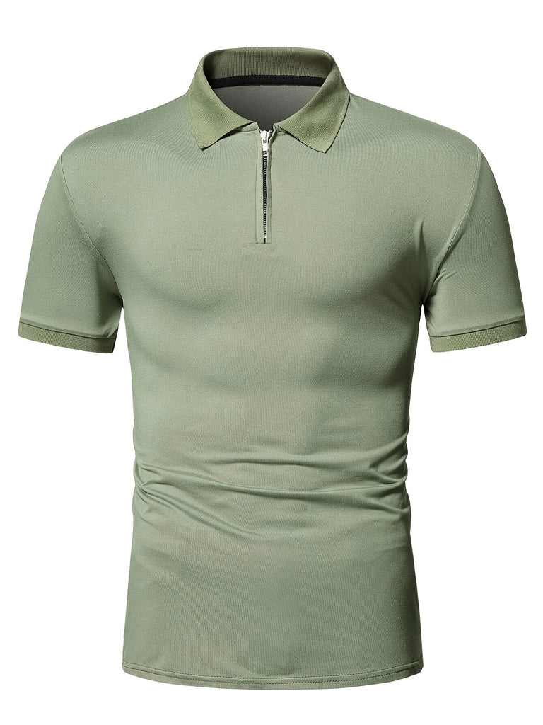 kkboxly  Classic Design Casual Mid Stretch Zip Up Short Sleeve Polo Shirt, Men's POLO For Summer