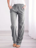 kkboxly  Plus Size Casual Pants, Women's Plus Solid Elastic Drawstring Slight Stretch Straight Leg Pants