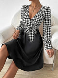 kkboxly Houndstooth Print Splicing Dress, Elegant V Neck Long Sleeve Dress, Women's Clothing