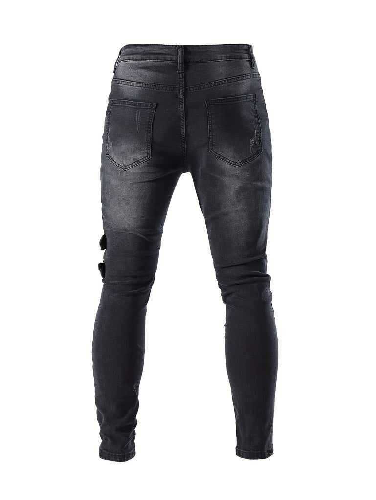 kkboxly  Men's Chic Skinny Biker Jeans, Casual Street Style Medium Stretch Denim Pants