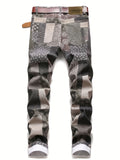 kkboxly  Plaid Allover Print Jeans, Men's Casual Patchwork Style Creative Cotton Blend Denim Pants For Spring Summer