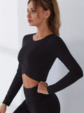 kkboxly  Solid Color Asymmetrical Hem Long Sleeve Sports Crop Top, Round Neck Pullover Yoga Crop Top, Women's Tops