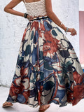 kkboxly  Floral Print Maxi Skirt, Boho Holiday Beach High Waist Elastic Drawstring Skirt, Women's Clothing