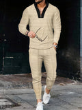 kkboxly  Waffle Pattern Men's 2Pcs Outfits, Casual V Neck Long Sleeve Pullover Sweatshirt And Drawstring Tapered Trousers Joggers Set For Spring Fall, Men's Clothing