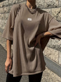Oversized Drop Shoulder Ribbed T-Shirt, Casual Crew Neck Short Sleeve T-Shirt For Spring & Summer, Women's Clothing