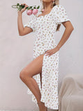 kkboxly  Floral Print Split Backless Dress, Boho Square Neck Short Sleeve Dress, Women's Clothing