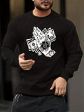 kkboxly  Cartoon Praying Hands With Money Print Sweatshirt, Men's Casual Graphic Design Slightly Stretch Crew Neck Pullover Sweatshirt For Autumn Winter